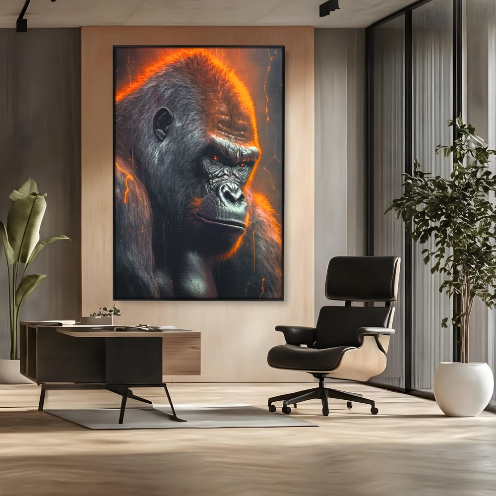 Tablou canvas cu tablou canvas cu gorila furioasa, in rama de aluminiu negru, pe perete intr-un birou